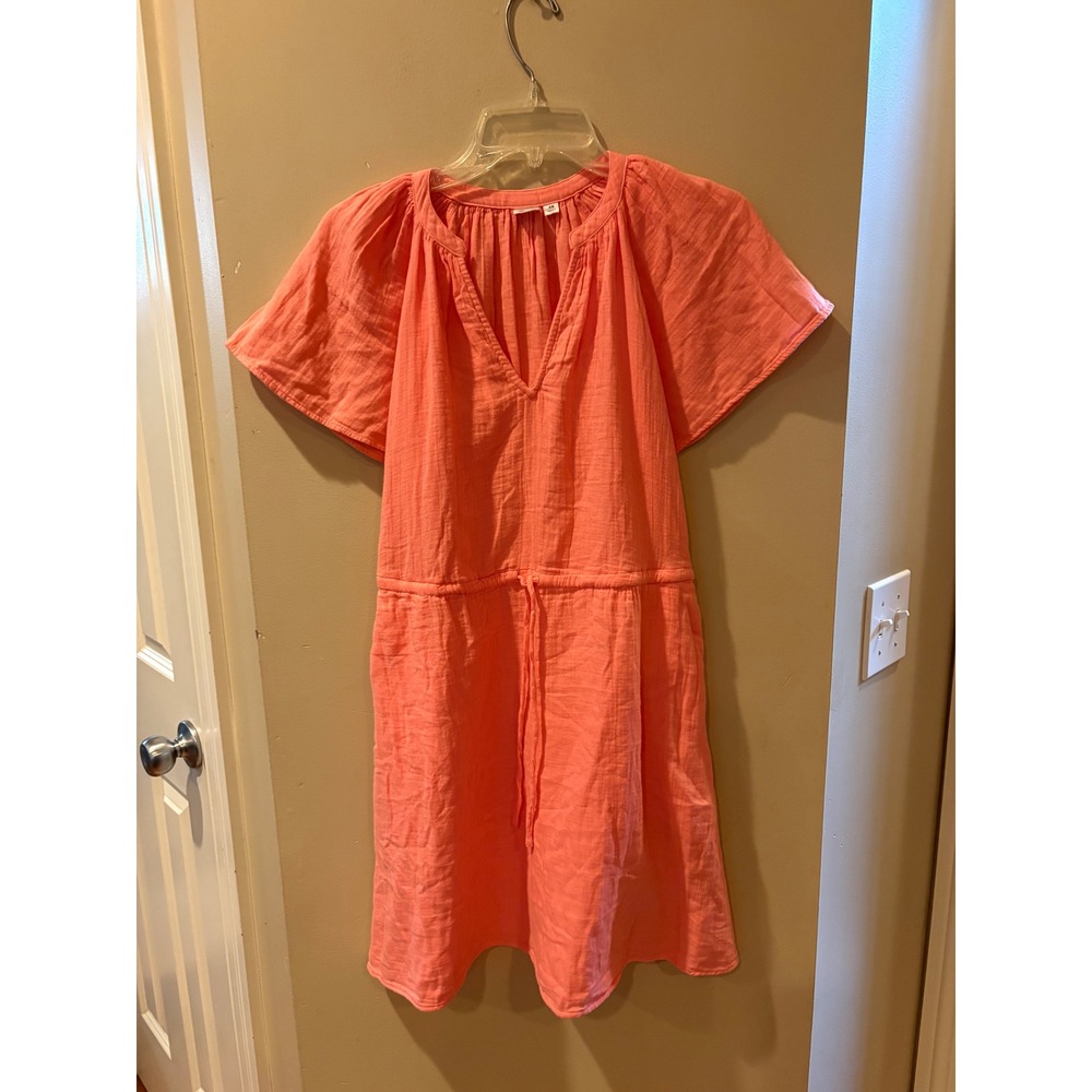New Gap Women Coral Pink Double Gauze Cotton Drawstring Waist Mini Dress XS $89